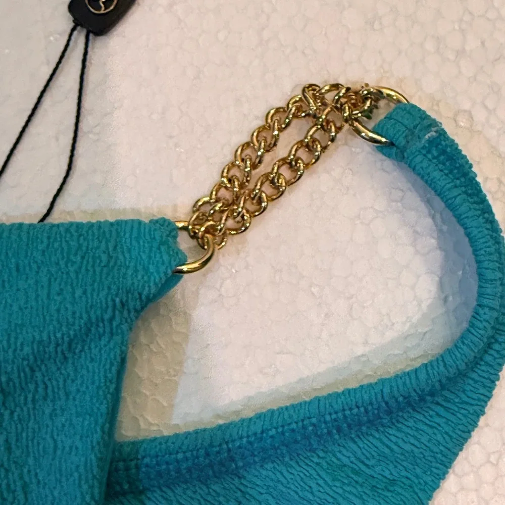Vix Paula Hermanny Bikini Set S/XS Turquoise Gold Chain Textured Smocked Brazil